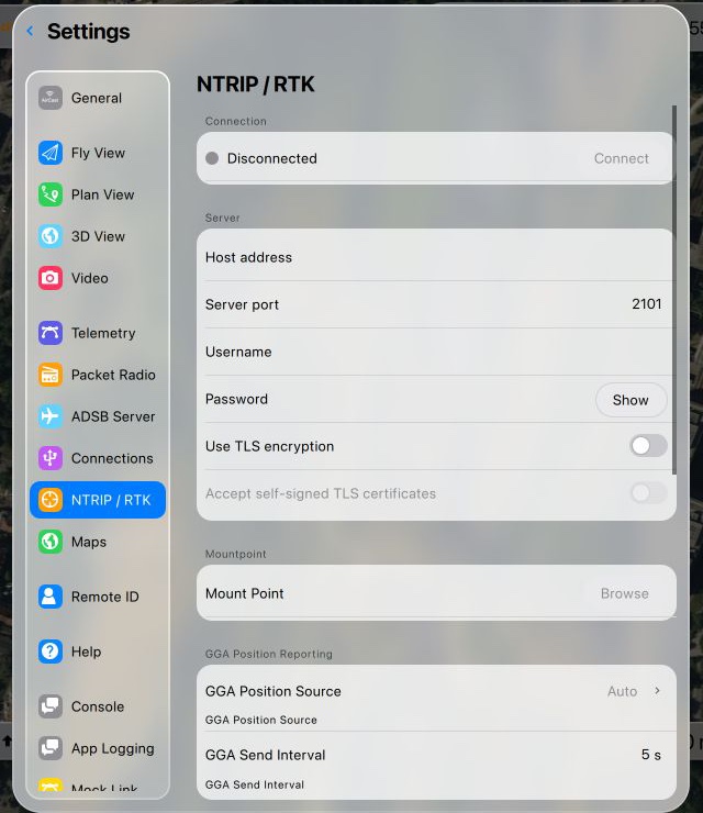 Aircast QGC Settings with the NTRIP / RTK page open and empty server fields