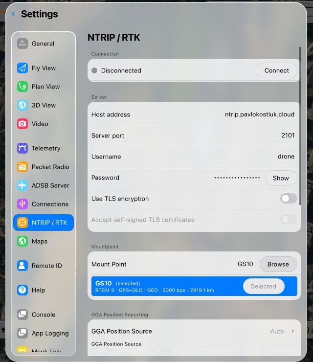 NTRIP / RTK page with the server filled in and the GS10 mountpoint selected from the Browse list