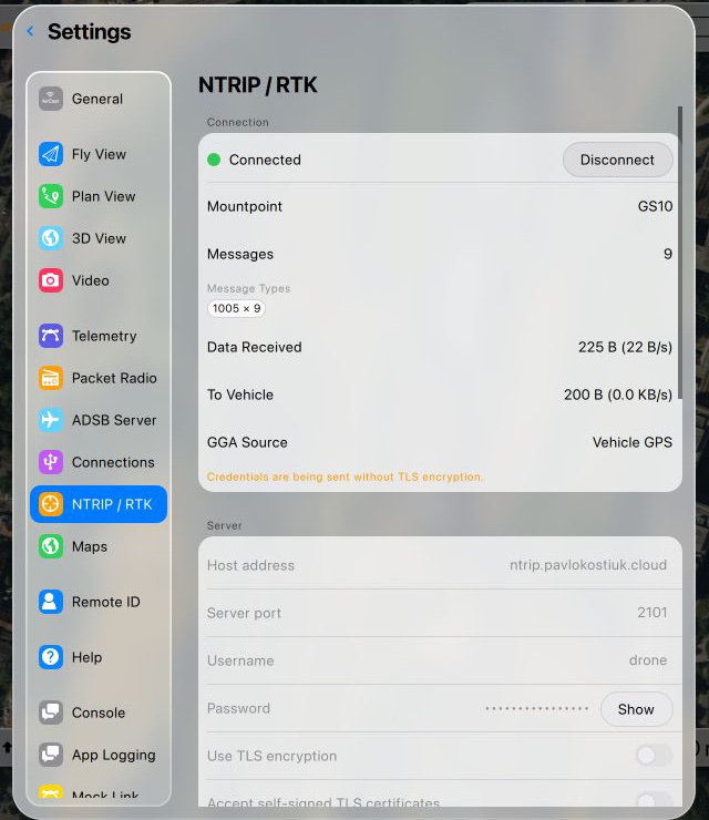 NTRIP / RTK page showing Connected to mountpoint GS10 with message counts, data received and bytes sent to the vehicle